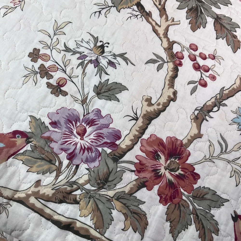 Waverly Charleston Chirp Quilt Set Full/Queen Cream Burgundy Floral Bird Rev